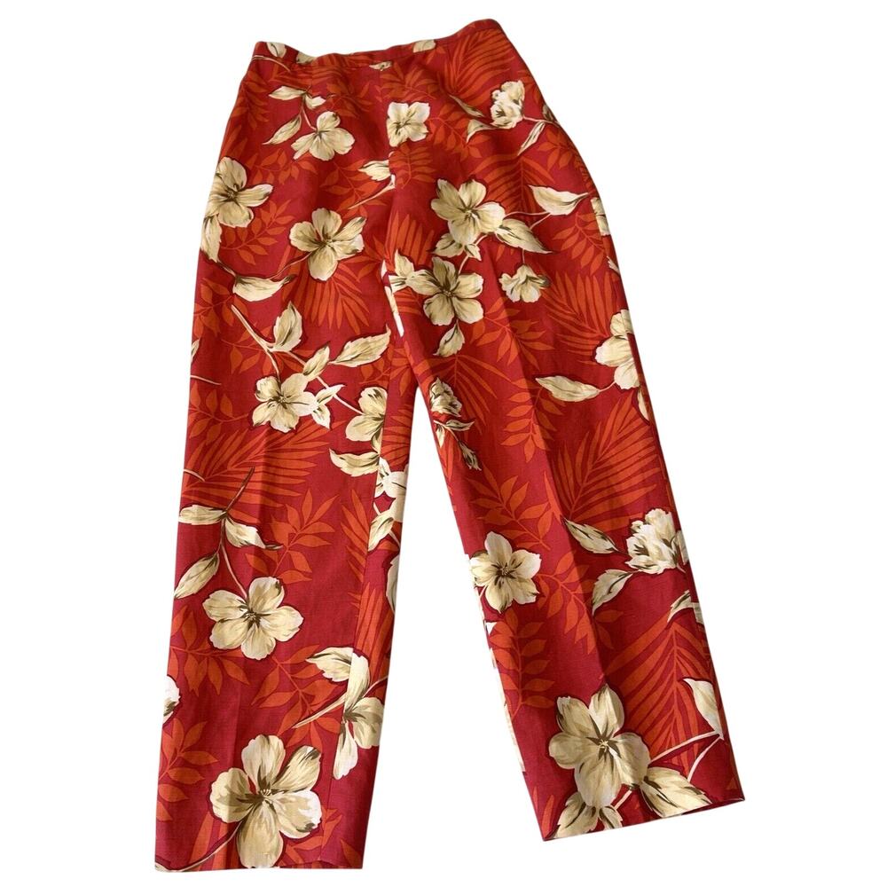 Talbots Women's Silk/Linen Blend Pants Sz 8 Floral Coral Lined Tropical Size Zip